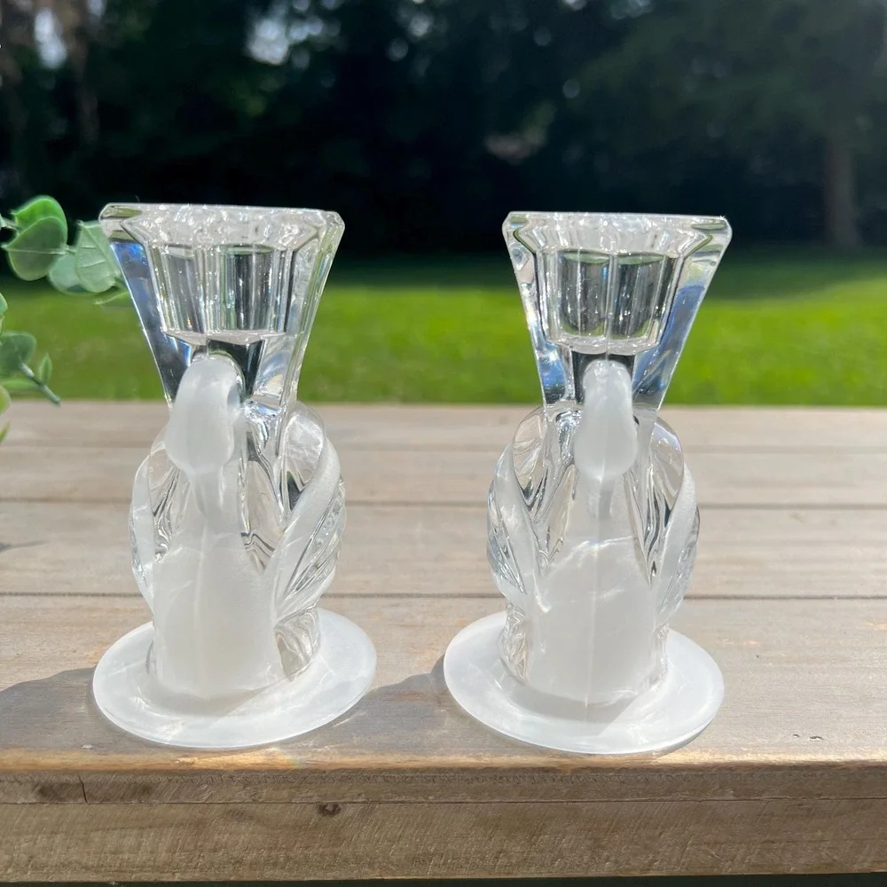 Swan Crystal Frosted Glass Candlestick Holders | Set of 2